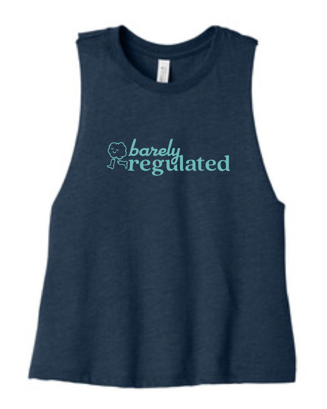Navy blue tank top with 'barely regulated' text and logo in teal