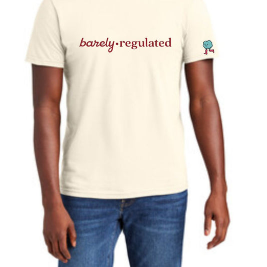 Person wearing a cream t-shirt with 'barely regulated' text and a small cloud logo on a cream background