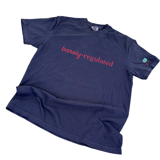 Navy t-shirt with 'barely regulated' text on a white background