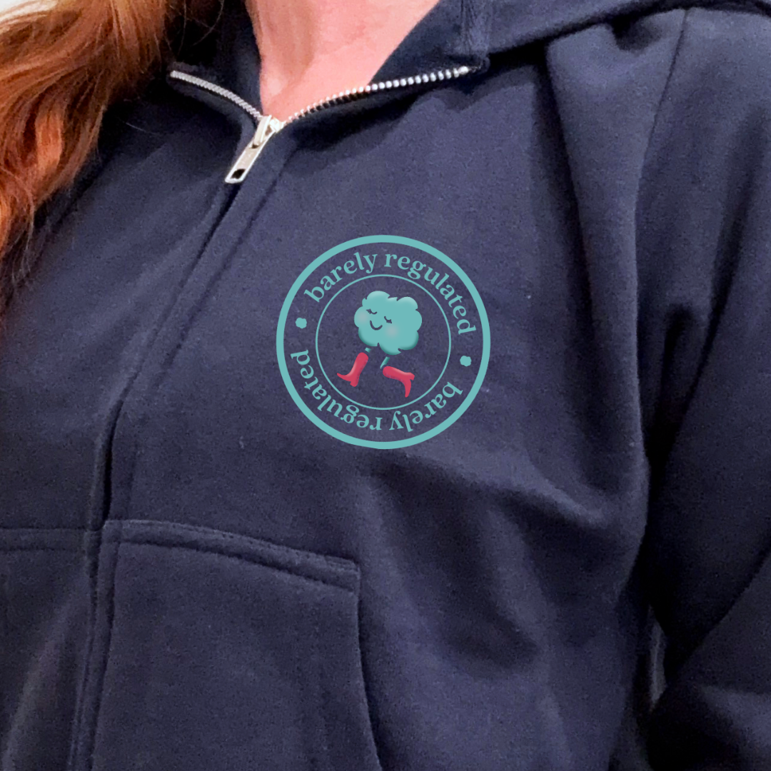 Navy blue hoodie with a green logo on the chest
