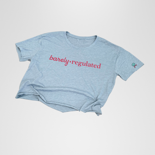 Light blue t-shirt with 'barely regulated' text on a white background