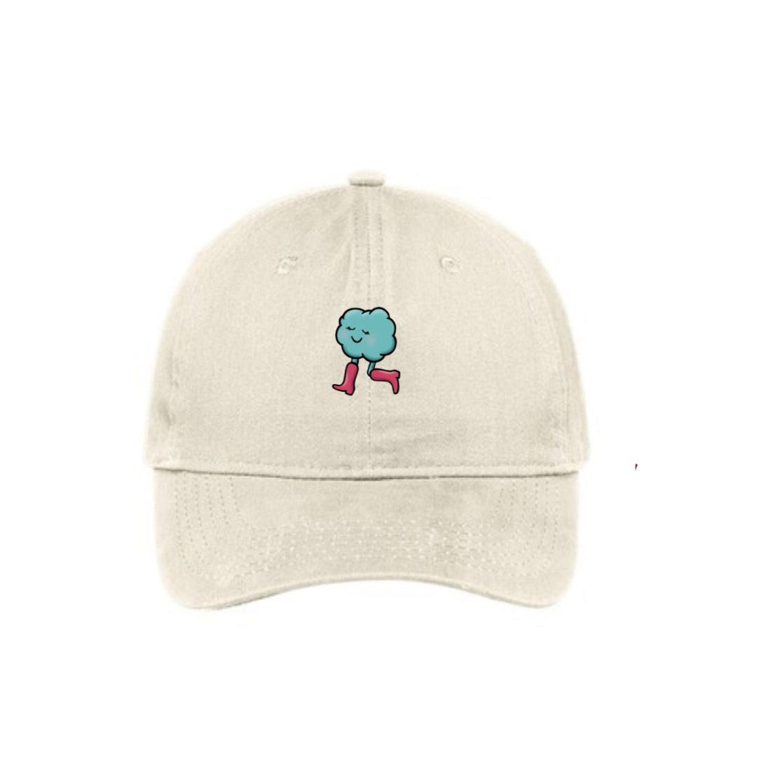 Beige cap with a small embroidered design on a white background