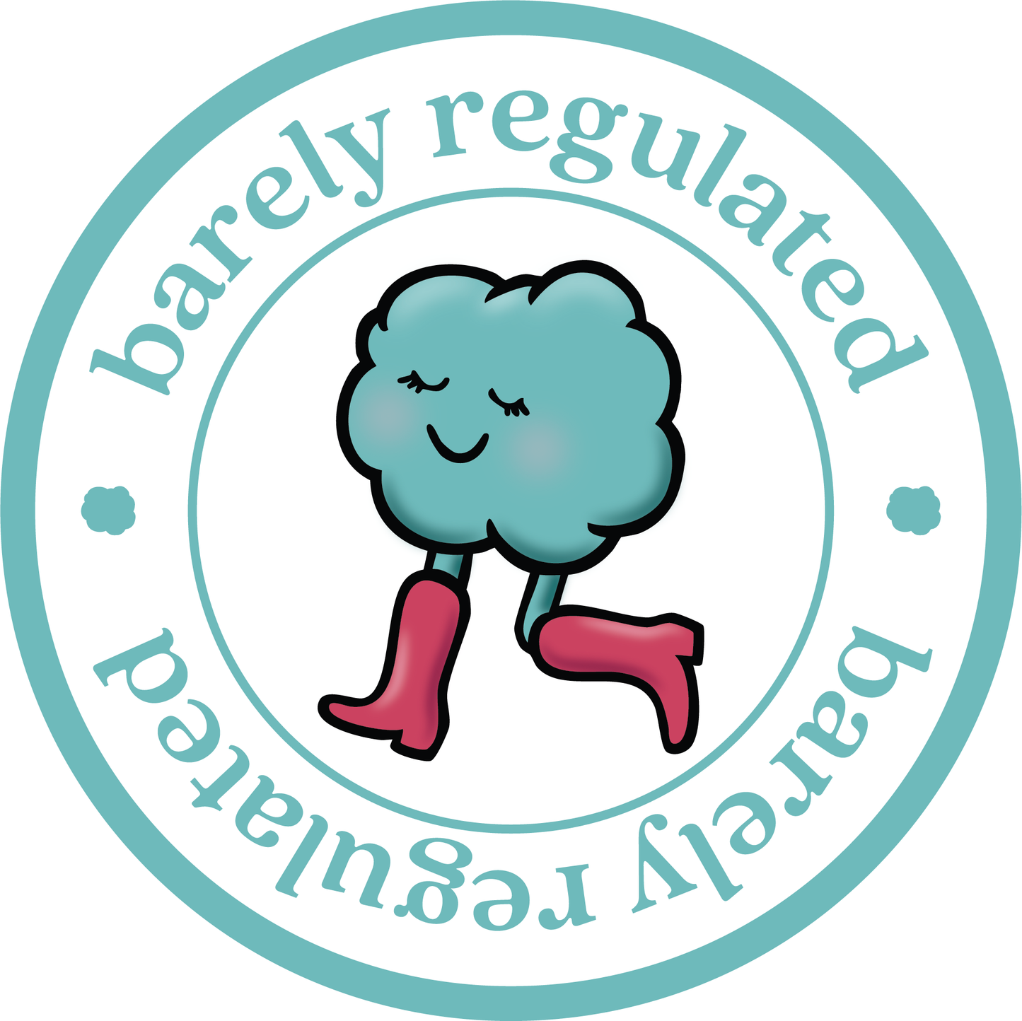 Circular logo with a cloud character wearing pink boots and the text 'barely regulated'.