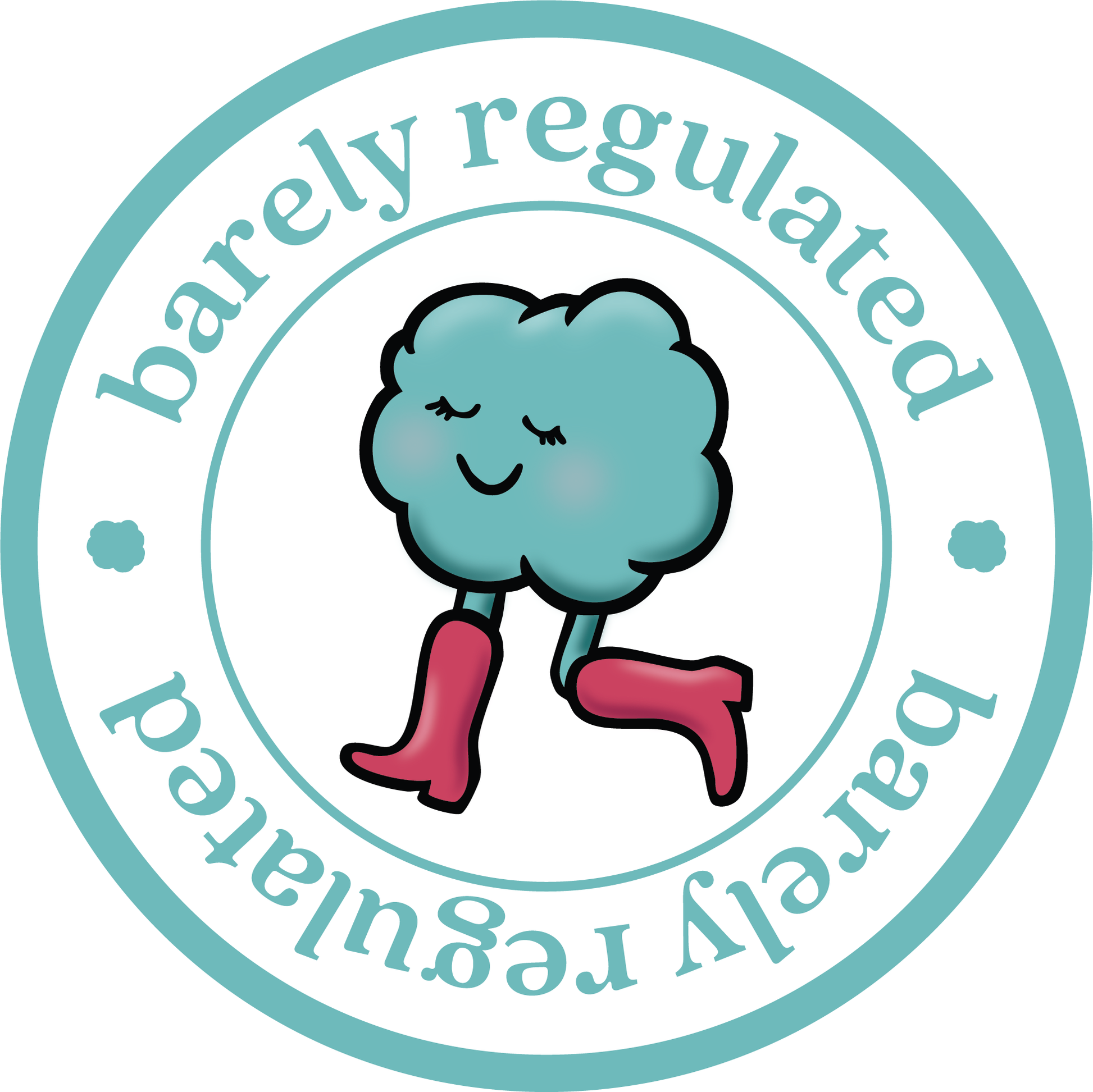 Circular logo with a cloud character wearing pink boots and the text 'barely regulated'.