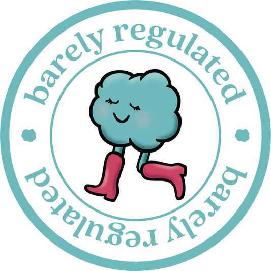 Circular logo with a cloud character wearing pink boots and the text 'barely regulated'.