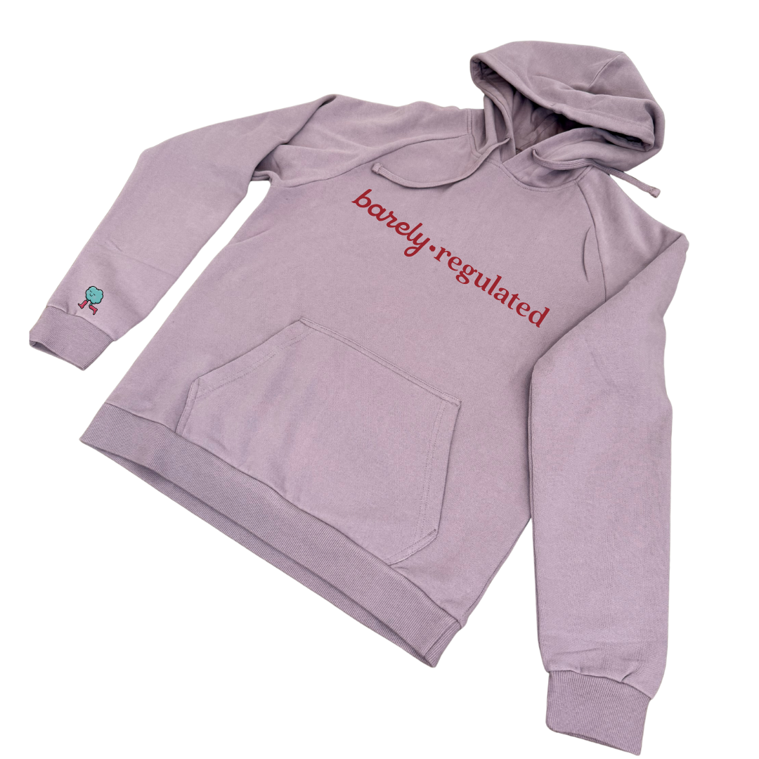 Light purple hoodie with 'barely-regulated' text on a white background