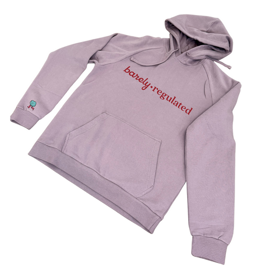 Light purple hoodie with 'barely-regulated' text on a white background